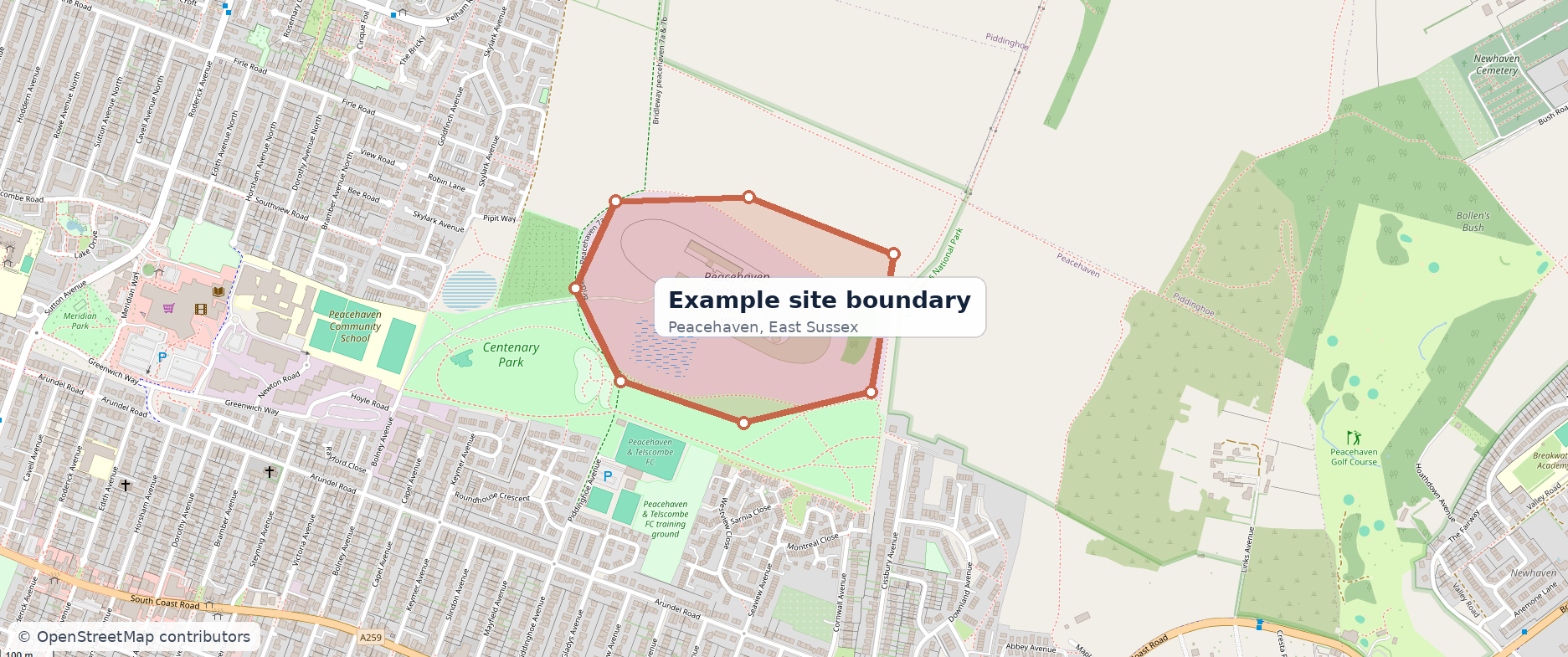 Illustrative mapped UK site boundary in Peacehaven, East Sussex